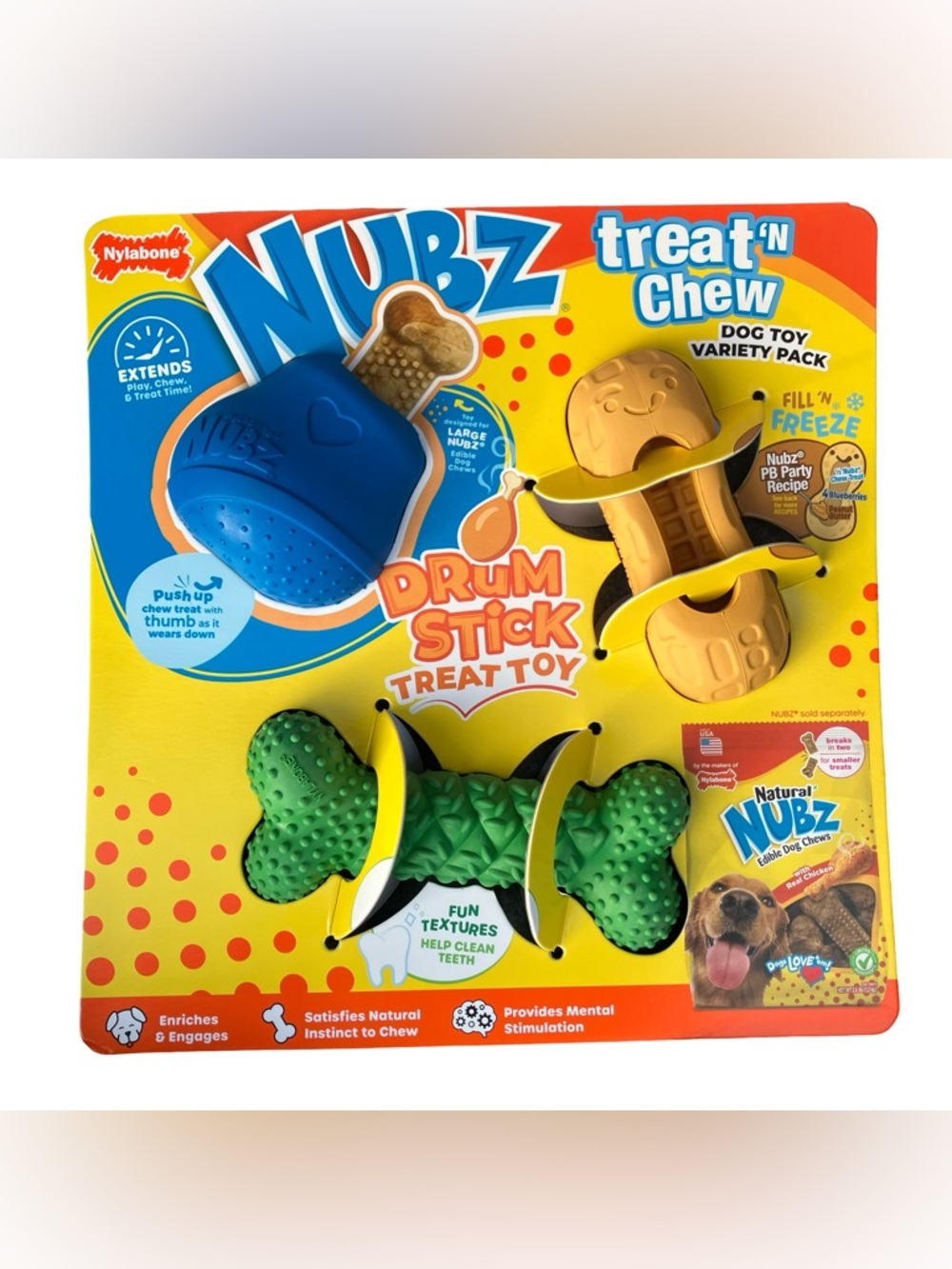 NUBZ Treat 'n Chew Drum Stick Dog Toy - Blue/Green/Tan